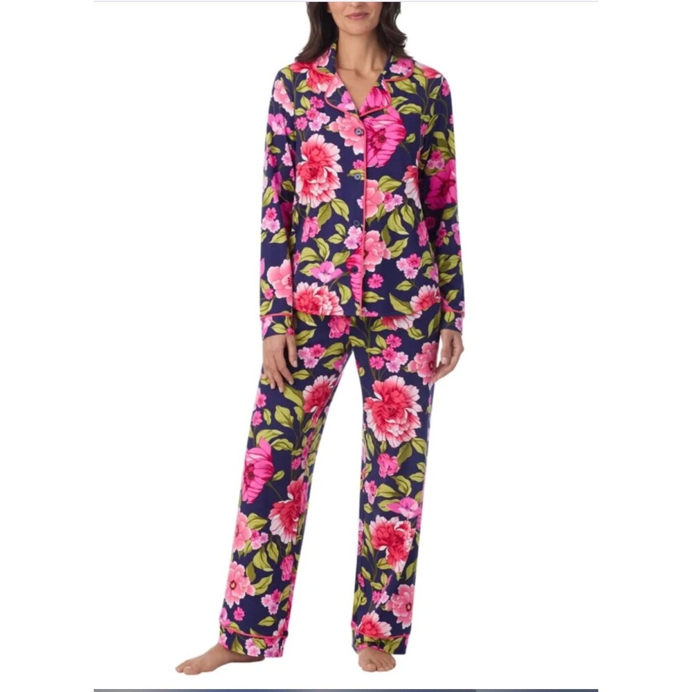 Room Service M Women's Notch Collar Pajama Set Floral Navy Pink